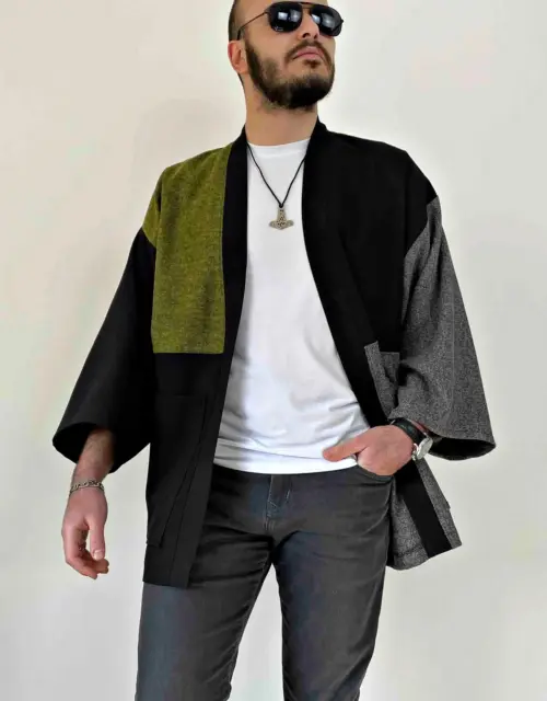 Men Japanese Kimono Cardigan, Streetwear Loose Haori Coat, Fall Patchwork Jacket, Flannel Urban Clothing
